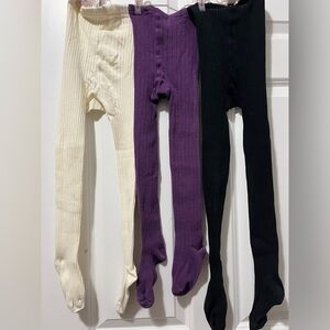 Set of 3 Pairs of Girls Ribbed Tights in Cream, Purple, and Black Size M 8-10